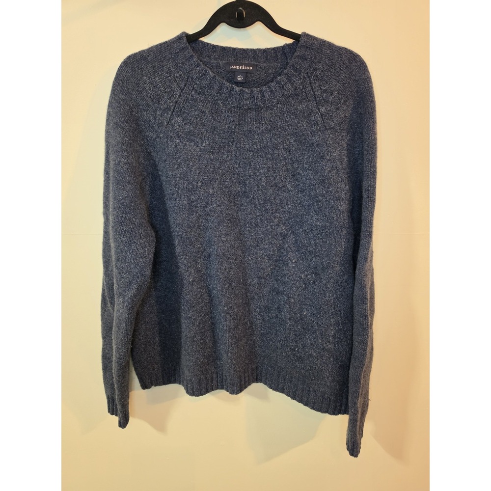 Lands' End Men's Large 100% Lambswool Sweater Charcoal Blue Crewneck Raglan